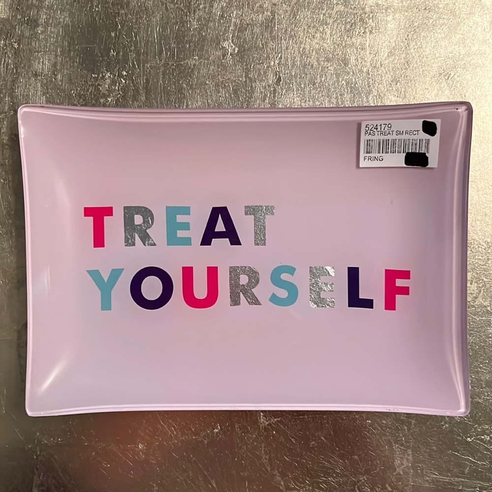 “Treat yourself” silver metallic on pink glass tray with silver back-NWT